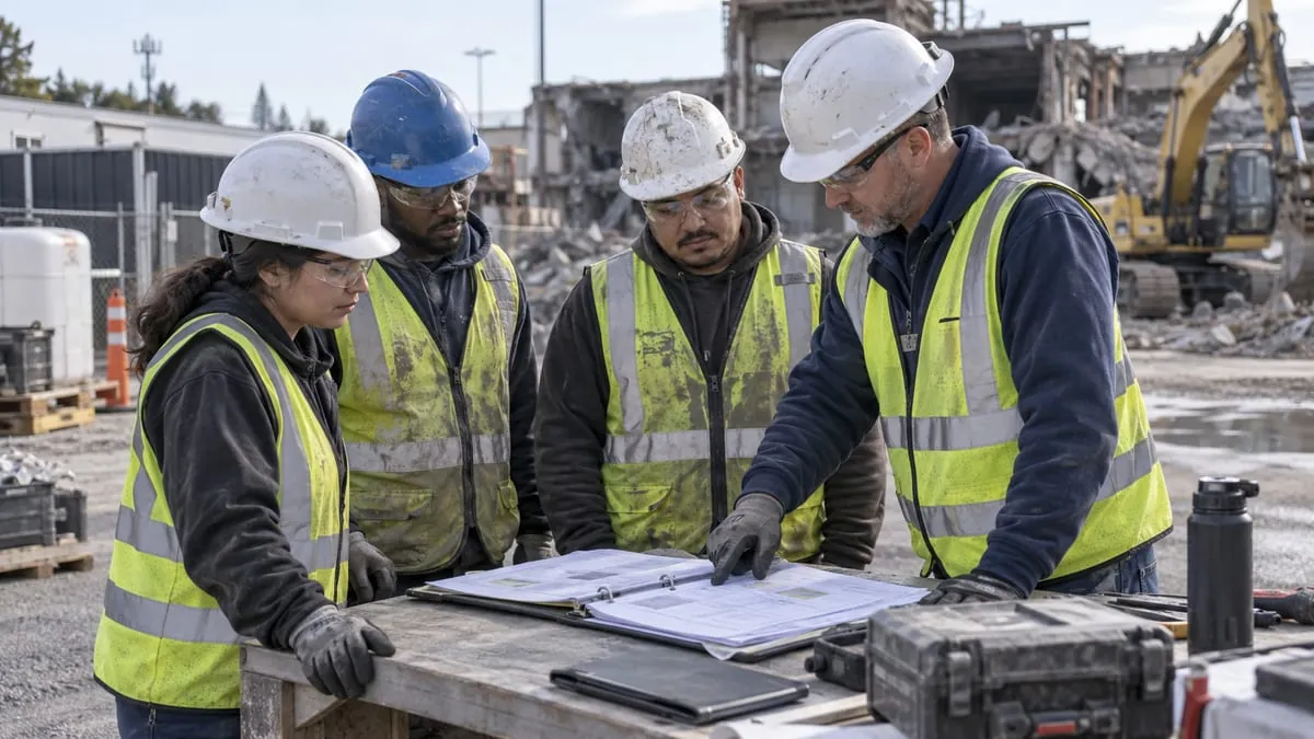 Superintendent and demolition crew reviewing a binder of records at a pre-job planning table.