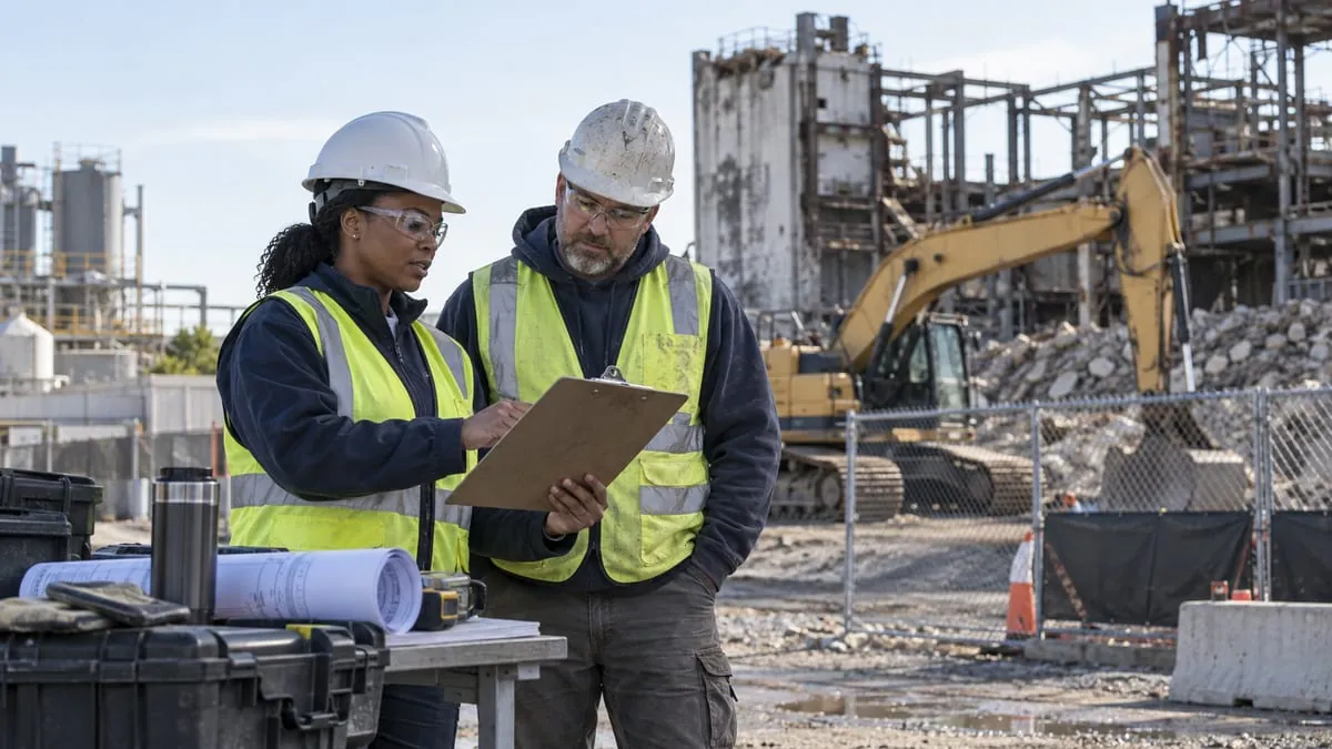 Environmental supervisor and equipment operator reviewing a site assessment outside a fenced industrial demolition area.