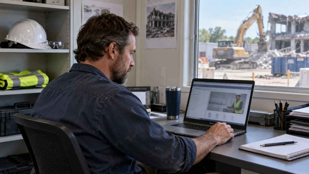 Worker completing laptop training in a field office overlooking an industrial demolition site.