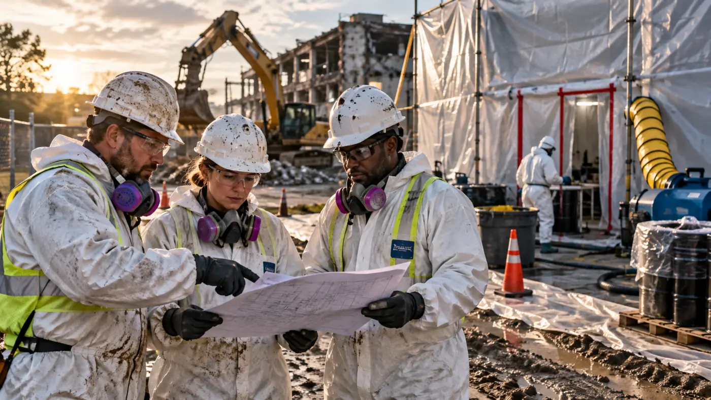 Workers reviewing plans at a remediation site