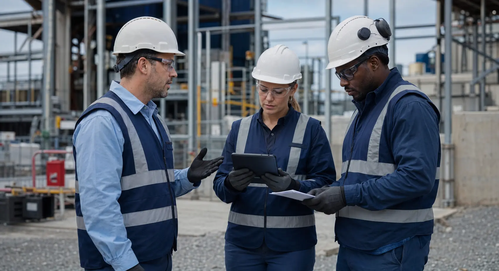 A contractor team reviewing a safety checklist at a jobsite